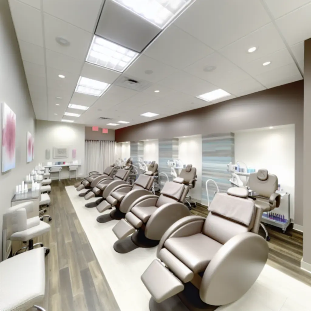 Rustig saloninterieur met comfortabele stoelen en zachte verlichting.