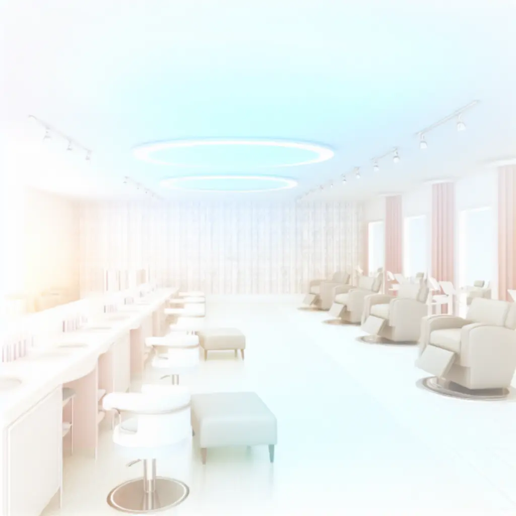 Serene saloninterieur van Schoon Studio met zachte kleuren en comfortabele zitplekken.