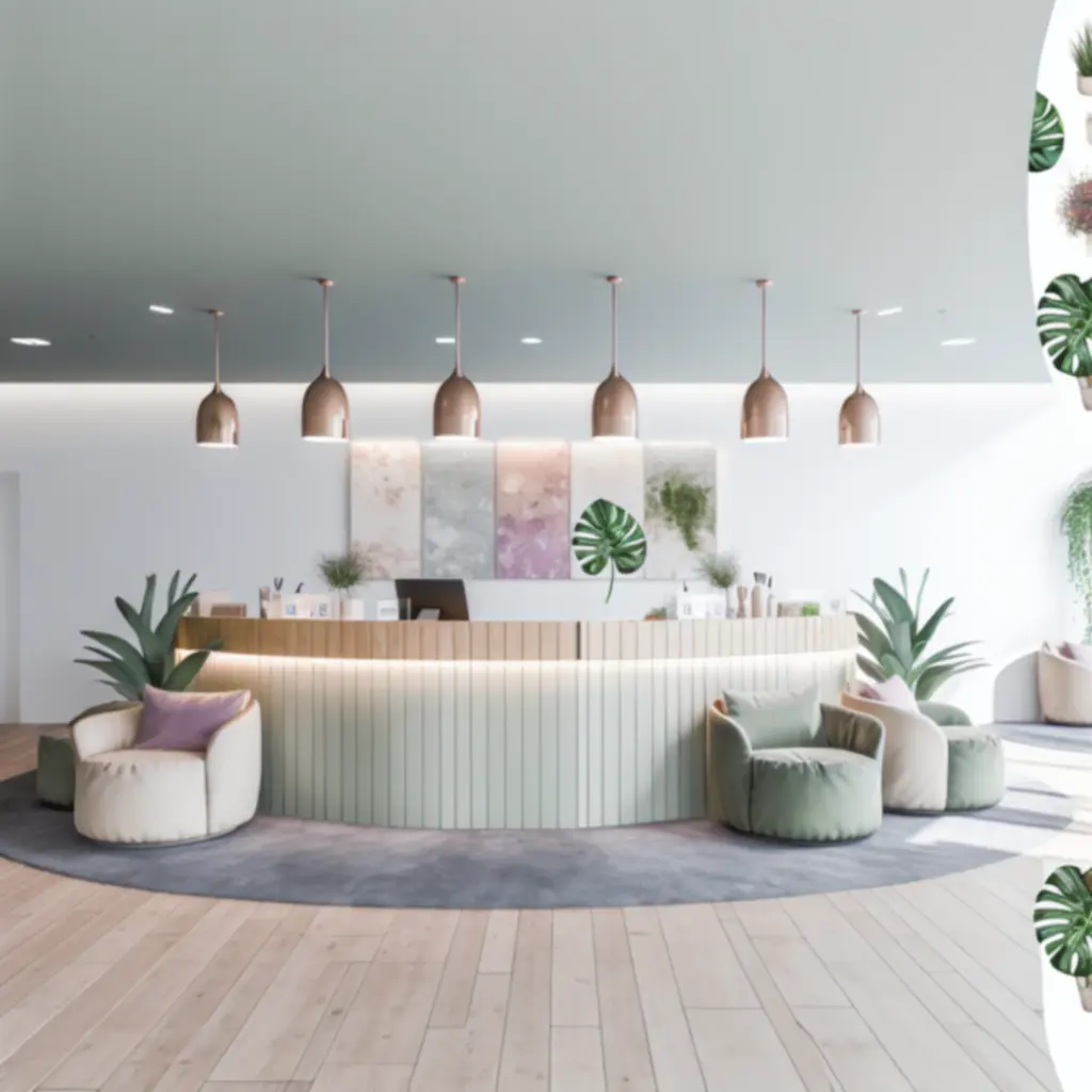 Serene ontvangstbalie van Schoon Studio met zachte neutrale tinten.